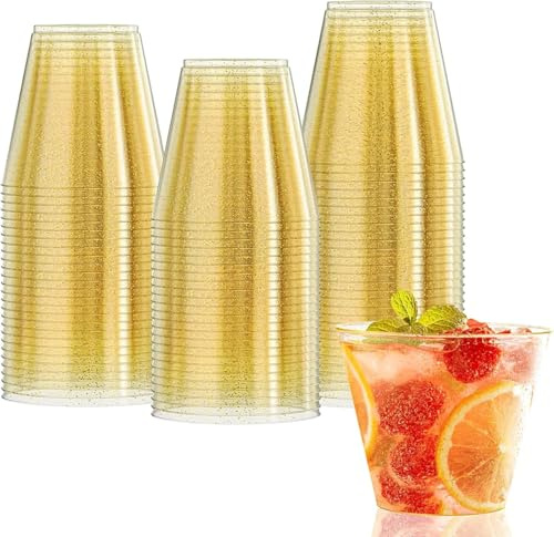 Gobelets en plastique, 50 Pack Gobelets 270ml/9oz avec paillettes en plastique réutilisables Verres en Plastique Dorés pour boissons, cocktails,mariages, fêtes, Noël
