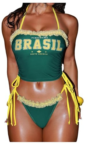 SweatyRocks Women's Brazil Bandeau Tankini Swimsuit Ruffle Trim Low Rise Thong 2 Piece Bathing Suit Multicolor Large