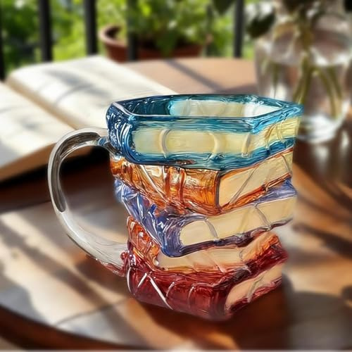 3D Painted Chapter Book Mug, Handcrafted Stained Glass Chapter Coffee Cup with Realistic Stacked Books Design, 11oz Novelty Mug for Book Lovers, Librarians