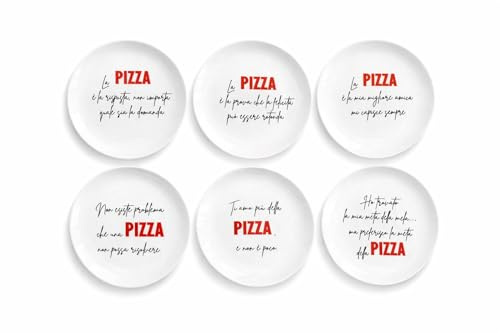 Home Tresor Set 6 Piatti per Pizza Grandi in Porcellana Decorati con Scritte, Piatti Portapizza Rotondi 31 cm Resistenti e Adatti a Microonde e Lavastoviglie Mod. PIZZA Mood