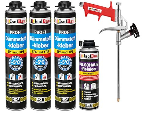 Isolbau Lot de 3 tubes de colle isolante B2 - 750 ml de colle périmétrique, 1 nettoyant en mousse polyuréthane et 1 pistolet à mousse pour plaques EPS et XPS - Mousse adhésive en polyuréthane 1K pour