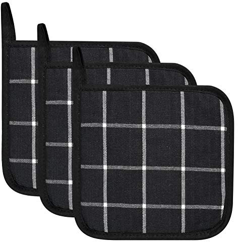 Topflappen aus 100 % Baumwolle, hitzebeständig, Untersetzer zum Kochen und Backen, 17,8 x 17,8 cm, Schwarz, 3 Stück