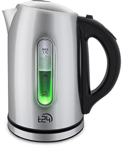 T24 Wasserkocher 1,7 Liter mit 2200 Watt Temperaturregelung LED-Beleuchtungsfarbe nach Temperaturwahl mit Temperatureinstellung Kalkfilter Kettle, Edelstahl