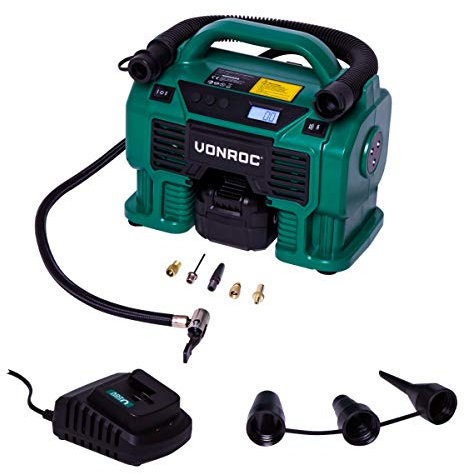 VONROC Compresor de batería VPower 20V y enchufe para encendedor de cigarrillos de 12V - Inflado y desinflado - Presión máx. de 11 bar - Incl. 8 accesorios - Incl. 1 batería 4.0Ah y cargador