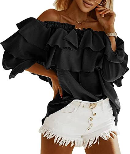 GOTOTOP - Top da donna senza spalline, a 3/4 con maniche a volant stratificate, schiena scoperta, maglietta elegante, blusa, top (XL-Nero)