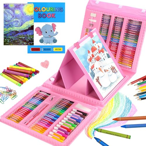 Art Supplies, 208 Pack Drawing Supplies Crayons Set for Girls Boys Beginners, Teens, Art Painting Kit Art Case Gift for Chrismas with Oil Pastels, Colored Pencils, Watercolor Cakes, (Pink)
