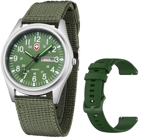 Gosasa Unisex Military Watches Sport Textile Nylon Strap Luminous Fashion Watch Analog Display Quartz Waterproof Casual Wristwatch (Green 2)