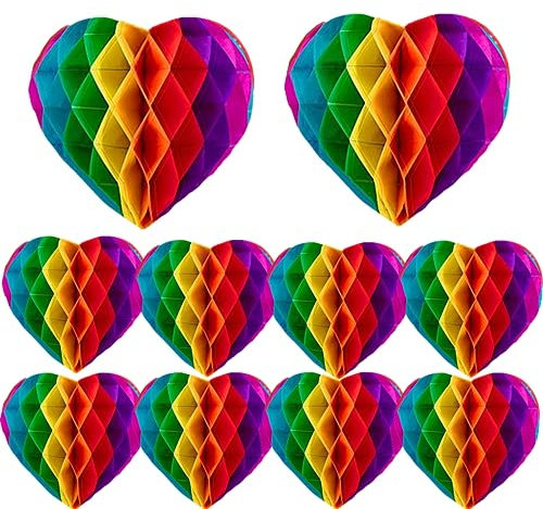 10 Pcs Rainbow Party Decorations Love Heart Paper Honeycomb Balls Hanging Pride Decorations Pride Pom Supplies for LGBT Party Celebration Wedding Decorations