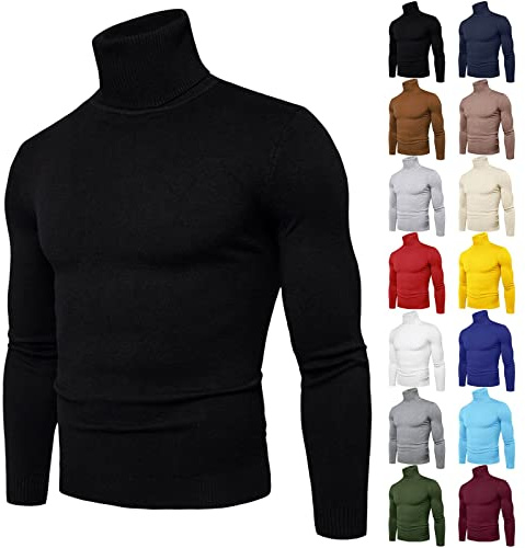 Générique Pull d'Hiver pour Homme à Col Roulé Torsadé - Tricot Fin et Épais - Coupe Ajustée en Coton - Manches Longues - Basique (Noir, L)