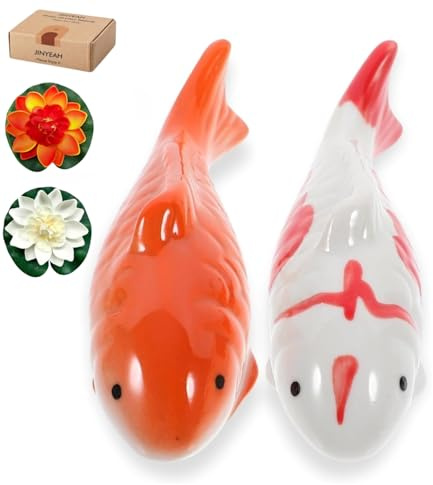 Ceramic Floating Koi Fishăchina Glaze CraftsmanshipăPond Decor Ceramic Floating Fake Fish Goldfish Koi Decor for Floating Pond Fountain Birdbath Fake Aquarium Decor ( 2PCS Fish & 2PCS Lotus Flower)