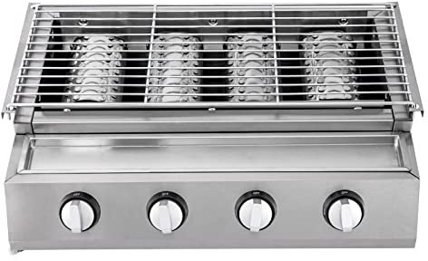 Kombibräter Mit Grillrost Tischgasgrill 4-flammig 4-Brenner LPG Gas BBQ Grill Gas Rauchfreie Edelstahl Gastro Gasgrill, Tischplatte Höhenverstellbar Abnehmbarer, Für Camping Balkon Garten