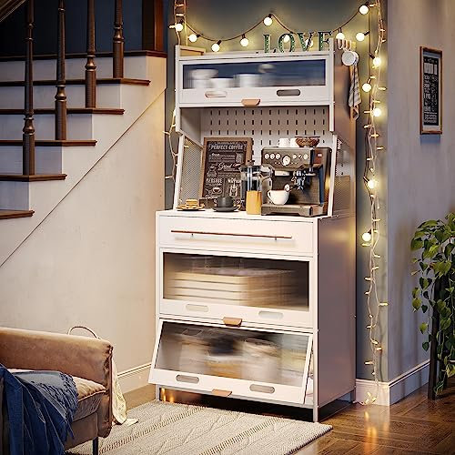 NETEL Halboffen Küchenschrank mit Arbeitsplatte und Schubladen, Bäckerregal Küche, Mikrowellenschrank,Küchenregal Stehend mit Türen, Küchenbuffet Buffetschrank, Kaffeeschrank, Weiß, 80x42x168cm