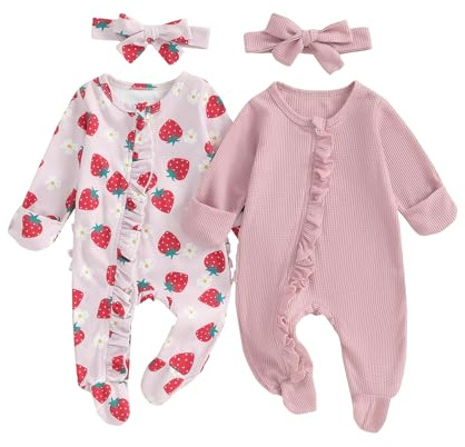 Geagodelia 2 Pack Newborn Baby Girl Footie Pajamas Zip Up Long Sleeve Baby Grow Romper Suits One Piece Outfit Autumn Winter Clothes for Babies (Strawberry Pink, Newborn)
