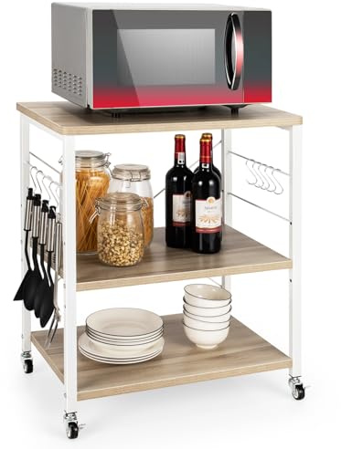 COSTWAY Carrello da Cucina con 10 Ganci Rimovibili, Scaffale per Pasticceria con 3 Livelli, Scaffale con Struttura di Metallo con Ruote Bloccabili per Bar Ristorante Hotel, 60 x 40 x 73,5 cm (Beige)