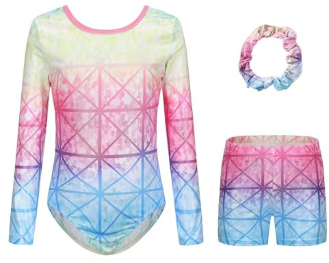 SEAUR Turnanzug Mädchen mit Hose Langarm Gymnastikanzug Kinder Turnshorts Haarband Set Gymnastik Trikot Turnen Tanzen Kleidung - 11-12 Jahre