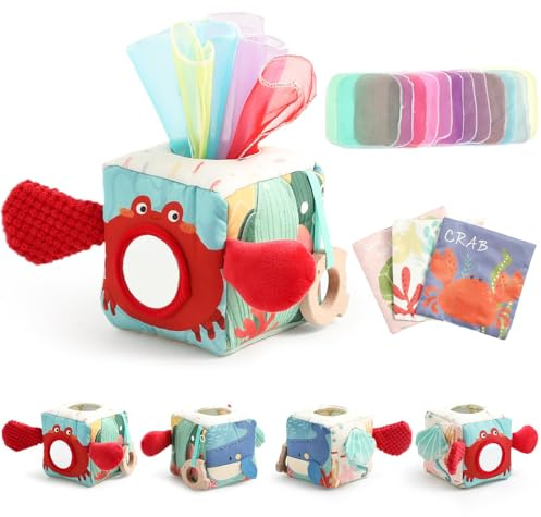 WOODEN TEETHER Tissue Box Montessori Juguete de motricidad, sensorial bebé Juguete Espejo, Texturas, Juguetes educativos tempranos para niños y niñas Regalos (Animales Marinos)