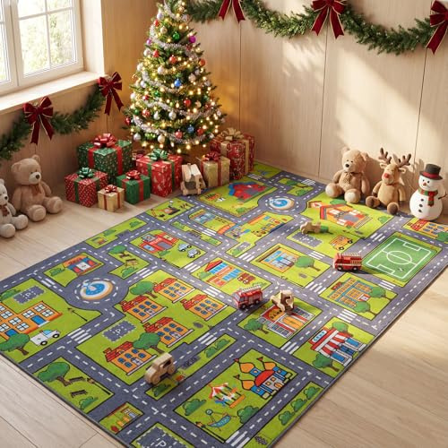 Merelax 5x8 Kids Car Area Rug, Grey Green Area Road Rugs for Living Room Playroom Classroom Bedroom, Non Slip Kids Play mat, Washable Rug, Educational City Traffic Map Fun Car Carpet for Ages 3-12
