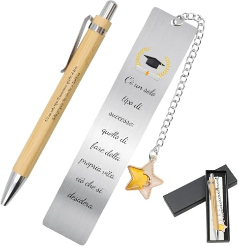 VEGCOO 3 Pezzi Set Regali per Laurea - Segnalibro Metallo Motivazionale con Penna in Legno Inossidabile - Regalo Amica Donna Natale Laurea