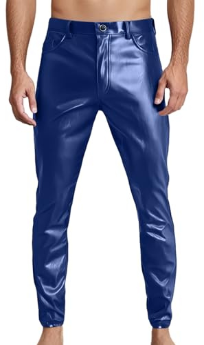 Bauzuoyo Pantaloni in pelle da uomo, effetto bagnato, in pelle laccata, pantaloni lunghi da motociclista, slim fit, elasticizzati, in similpelle, con pieghe metalliche, leggings erotici, per feste a