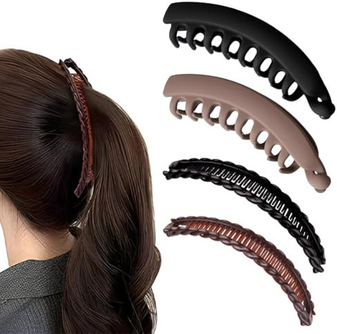 HABNI Lot de 4 Pinces à Cheveux Banane, Barrettes Décoratives pour Cheveux Longs, Plastique, Barrettes Banane Vintage, Barrettes Queue de Cheval, pour Femmes, Filles, Noir et Marron