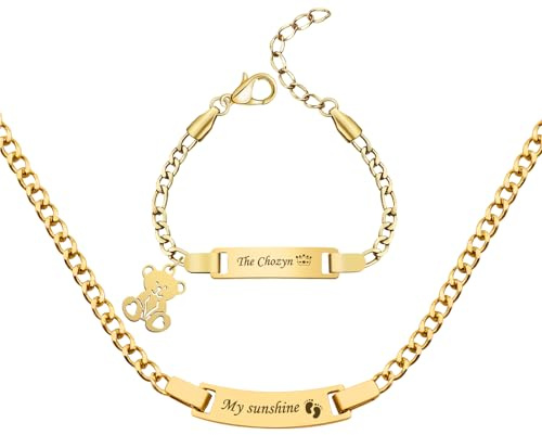 Braccialetto personalizzato per neonati con incisione personalizzata Nome/Data di nascita/Braccialetti in acciaio inossidabile Regalo per neonati e bambini piccoli Nuova mamma (Collana e bracciale)