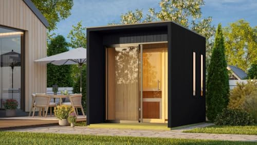 Chillroi Karibu 73 mm Saunahaus Isidora inkl. Saunaofen mit eingebauter Steuerung 9 kW mit Schiebetüren naturbelassen oder schwarz (schwarz)