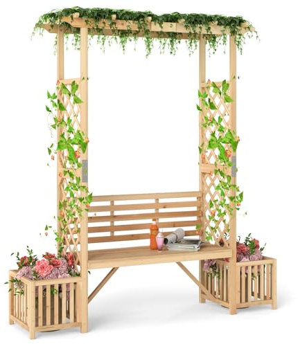 HOMASIS Panchina da Giardino a 2 Posti, Arco per Rampicanti in Legno, Grigliato per Piante Rampicanti e Cespugli, Panca da Esterno, Balcone, Patio, 185 x 56 x 203 cm, Naturale