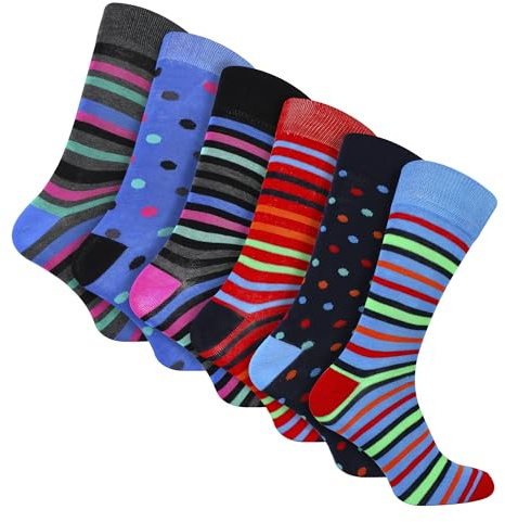 6 Pairs Mens Soft Bamboo Patterned Crew Socks | Striped Bright & Colourful Designs Breathable Socks (6-11, Stripe)