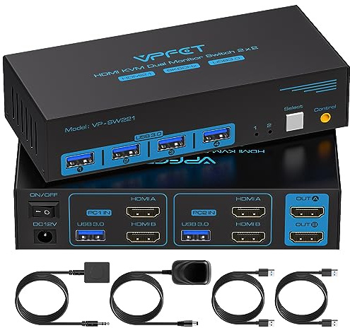 CMSTEDCD HDMI KVM Switch 2 PC 2 Monitor 8K60Hz Commutatore KVM USB 3.0 per 2 Computer, Condivide Monitor Dual e 4 Periferiche, Supporta Modalità Estesa e Modalità Duplicata con Controller Desktop