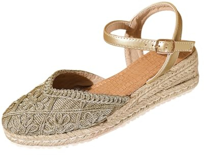 Generico sandali donna estive,scarpe eleganti donna, espadrillas ricamati da donna con cinturino alla caviglia,punta chiusa,plateau,scarpe estive Ciabatte Mare Zeppa(Gold,36)