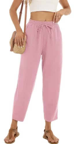 Byxa Kvinna Breda Elastiska Palazzobyxa Kvinna Lätt Casual Raka Långa med Fickor Dragsko Sportiga för Yoga Jogging Fitness, Rosa, XL
