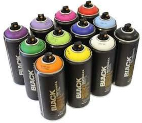 PROGAL COLORS Montana BLACK 400 ml Pintura en Spray Graffiti Street Art Mural 12 Unidades Colores Populares Negro + Pack 6 Boquillas