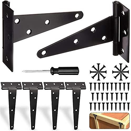 Charnière en T Paumelles Charnière porte Charnières en T de Porte de Grange 6PCS, Penture Volet Bois avec 42pcs vis Pour Les Portes d'usine, Les Portes D'entrepôt