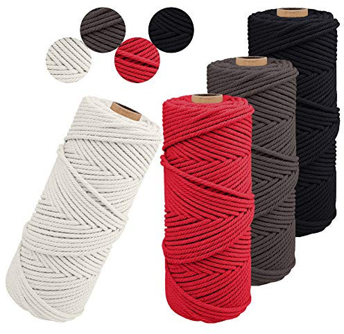 JeogYong Lot de 4 Corde Macramé 2mm x 100m Ficelle Naturelle Fil Macrame Coton Cordon Bricolage Cordelettes pour Tentures Murales, Suspension Plante, Décorations D'intérieur, Art Floral Creatif (E)