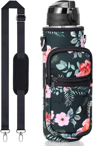 Fimibuke 32 oz Water Bottle with Sleeve - BPA Free Leakproof Sport Large 1L Plastic Motivational Water Bottle with Straw Strap Insulated Neoprene Holder Carrier Bag for Women Men(A9.Retro Rose)