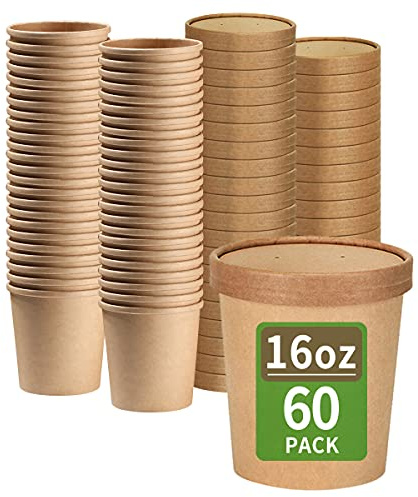 bloomoon 60 Pack 16 oz Paper Food Containers with Lids, Ice Cream Pint Containers, 16 oz Disposable Soup Containers Paper Freezer Containers Pint Ice Cream Cups (60 Cups 60 Lids)