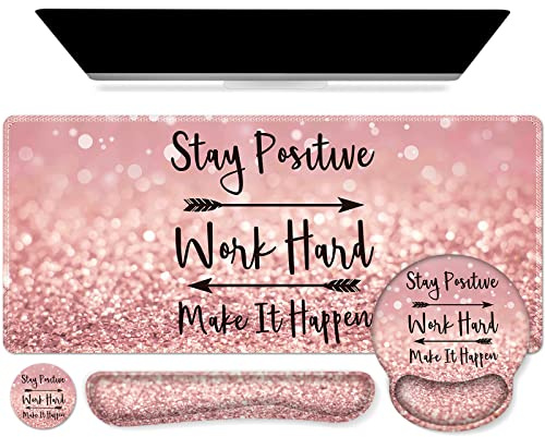 iCasso Mouse Pad,Large Pink Desk Mat Set, 4in1 XXL Mousepad + Keyboard Wrist Rest+Mouse Wrist Rest+Coaster with Ergonomic Desk Pad for Home Office Table Computer Cover -Pink Stay Positive