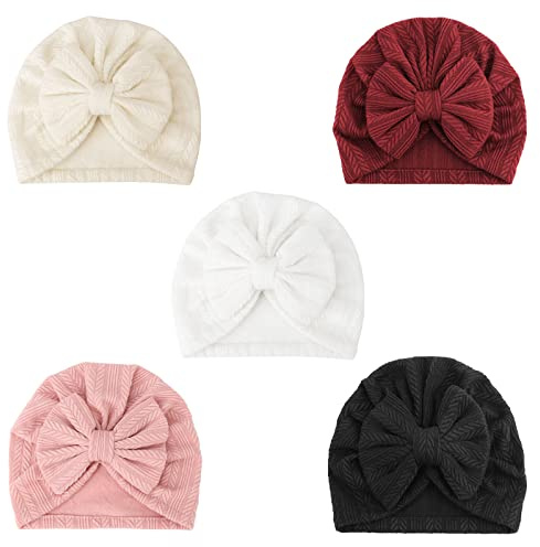 DRESHOW 5 Pièces Bébé Turban Bonnets de Naissance Chapeaux Nœuds Papillons Mignon Elastique Child Casquettes Bonnets pour Bébé Fille Garçon