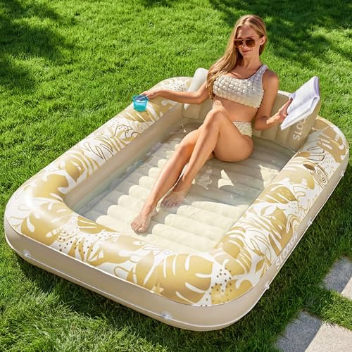 SLOOSH Pool Inflatable Tanning Lounger Float, 70 x 46 Extra Large Pool Floats Adult with Pillow, 4 in 1 Suntan Tub Raft Floatie,Sunbathing Bed Lounge for Water Blow Up Party Gifts, L-Gold White