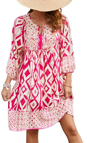 Qearal Women Summer Tunic Dress V Neck Casual 3/4 Sleeve Loose Flowy Boho Dresses Hot Pink L