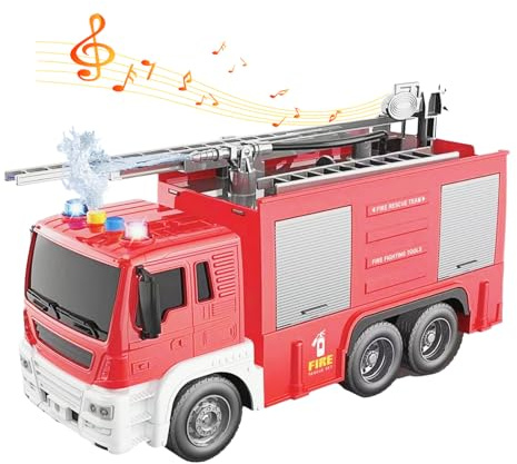 LioMaxi Scala 1:16 Camion Pompieri Giocattolo per Bambini, Autopompa Antincendio a Inerzia Luci & Suoni,con pompa spruzzatrice d'acqua, scala estensibile, Rosso (scala a pioli)
