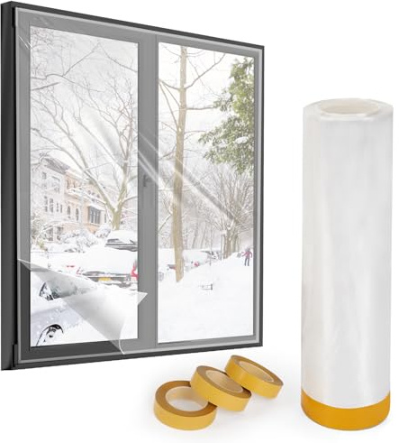 fowong Window Insulation Kit, 1.6m (W) x 10m (L) Clear POF Shrink Thermal Window Film with 3 Rolls Double-Sided Tape, Draft Excluder for Winter, Reduces Heat Loss & Condensation, Fits Most Windows