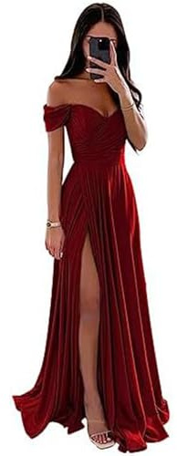 ECDAHICC Vestido de dama de honor sin hombros para mujer de satén con abertura larga elegante vestido de noche formal línea A vestido de boda y fiesta, granate, S