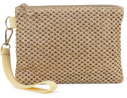 AdiStylinno Bolso de embrague de paja para mujer, bolso de paja bohemia, bolso de mano pequeño bolso de mano tejido con cremallera bolsa de playa de paja de verano para mujeres