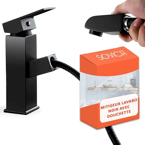 Robinet lavabo noir extensible en acier inoxydable monocommande eau froide et chaude 2 tuyaux inclus robinet noir lavabo