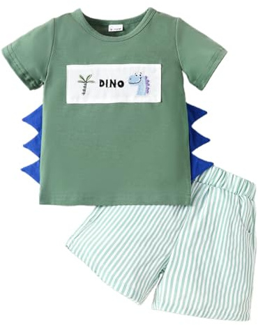 LUVCES Conjunto Ropa con Estampado Dinosaurios para Bebés Niños Manga Corta Camiseta top Pantalones Cortos 2 Piezas Lindos Conjuntos de Verano Dinosaurio verde claro 18-24 Meses