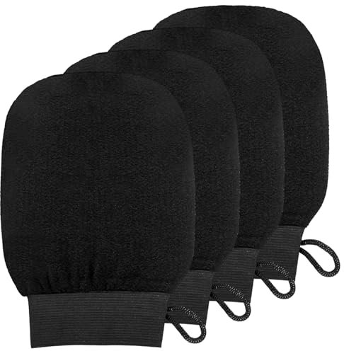 BieMian 4 Pcs Exfoliating Gloves for Body Exfoliator Mitt, Exfoliating Mitt, Shower Body Scrub Gloves, Black Exfoliation Wash Mitts for Women Men Bath Dead Skin Remover