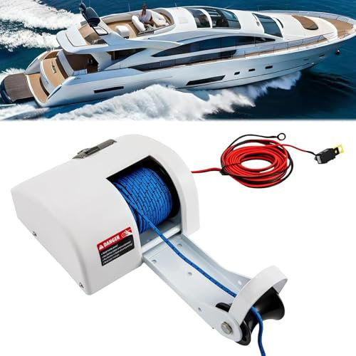 SAYEYBU 25 LBS Electric Anchor Winch, 12V Boat Marine Anchor Winch with Remote Controller, Heavy Duty Towing Winches Boat Anchor Windlass Kit, for Fishing Boat Pontoon Boat,White
