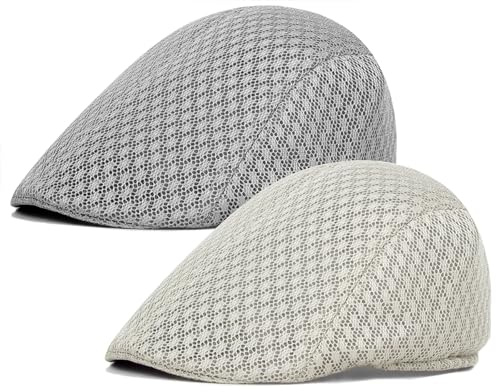 Xinveen 2 Pack Men's Mesh Cap Breathable Summer Newsboy Hat Beret Ivy Cap Irish Hiking Fisherman Hats Light Gray/Light Khaki