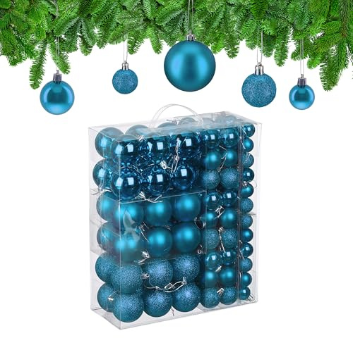 Relaxdays Weihnachtskugeln im 138er Set, Kunststoff, glitzernde, Matte, glänzende Baumkugeln, Christbaumschmuck, Petrol